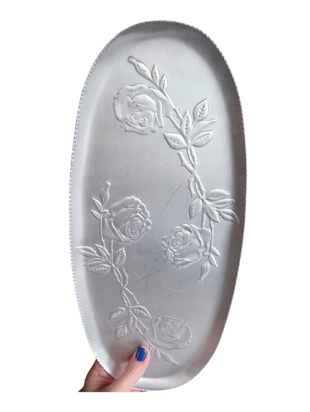 Vintage mid-century modern floral embossed aluminum tray oval scalloped edge